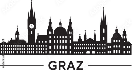 Graz Austria city skyline black silhouette. European architecture historical urban landscape
