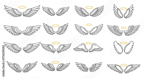Collection of diverse stylized angel wings with halos.