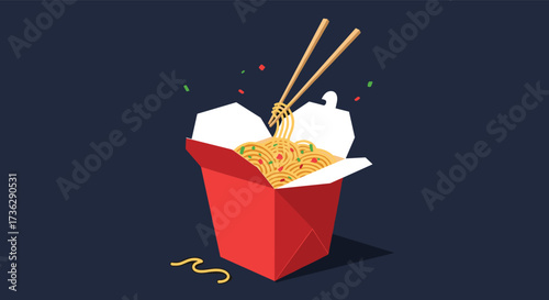 Delicious noodles being lifted from a takeaway box with chopsticks.