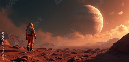 Astronaut walks on red alien planet surface. Large gas giant planet hangs in orange sky with clouds. Space exploration and future colonization concept. © miss irine