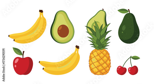 A selection of fresh ripe fruits including bananas avocados pineapple apple and cherries.