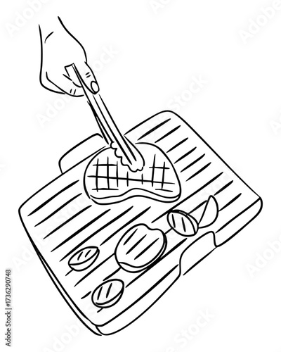 Hand drawn illustration of a grill with vegetables and meat being cooked using tongs. Concept of barbecue, outdoor cooking, picnic and summer food preparation