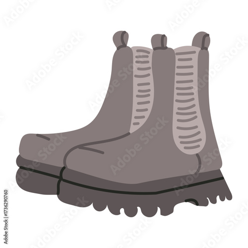 Hand drawn illustration of a pair of heavy duty boots in neutral tones on white background. Concept of footwear, autumn outfit, outdoor walking and cold season protection