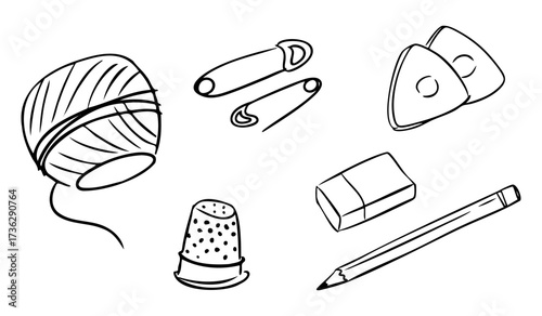 Hand drawn set of sewing and tailoring tools including thread, thimble, safety pins, chalks, eraser and pencil. Concept of handmade crafts, DIY, fashion design and sewing supplies