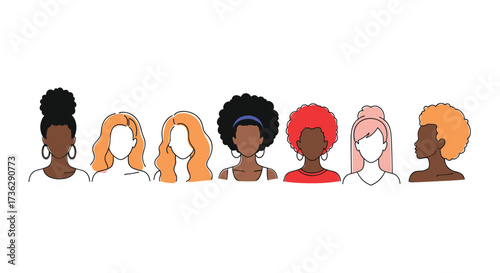 A diverse group of women with different hairstyles and skin tones.