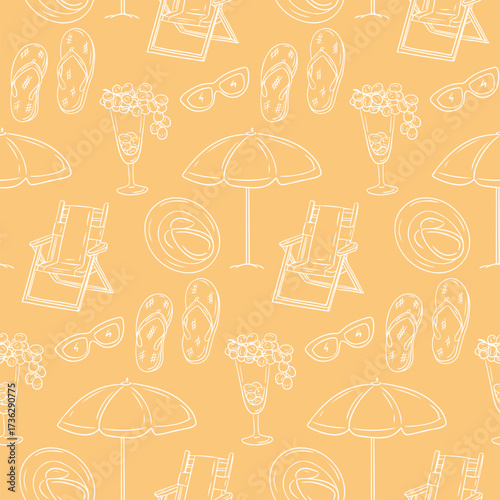 Seamless hand drawn pattern of beach accessories including umbrella, chair, sunglasses, hat and cocktail on peach background. Concept of summer vacation, seaside leisure and tropical holiday mood