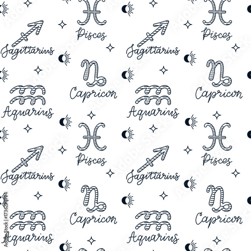 Seamless hand drawn pattern of zodiac signs Pisces, Aquarius, Capricorn and Sagittarius with stars and moons. Concept of astrology, horoscope, celestial symbols and mystic beliefs