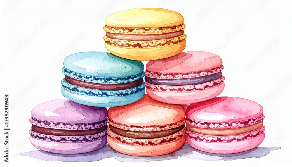 Fototapeta premium パステルカラーのマカロンが積まれた水彩イラスト – Watercolor Illustration of Colorful Macarons Stacked in Pastel Tones