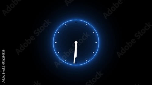 Abstract neon light analog clock isolated animated on black background. clock icon animation glowing neon blue color watch dial circle timer timekeeper analog clock animation. 