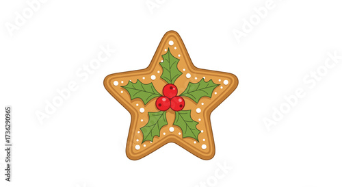 A festive star shaped gingerbread cookie decorated with holly leaves and berries.