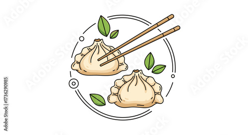 Delicious dumplings with chopsticks and fresh leaves art.