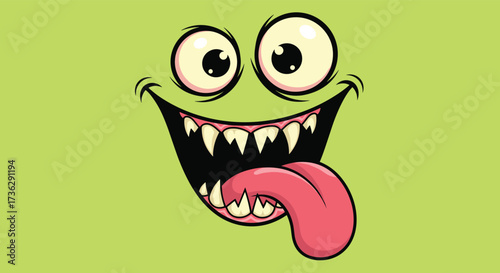 A cartoon face with large eyes and a wide open mouth with many sharp teeth and a long tongue sticking out is shown on a solid light green background.