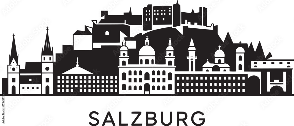Obraz premium Salzburg Austria city skyline black silhouette. European architecture historical buildings panorama