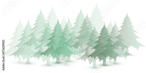 Stylized green evergreen trees in a layered forest illustration creating a serene natural scene.