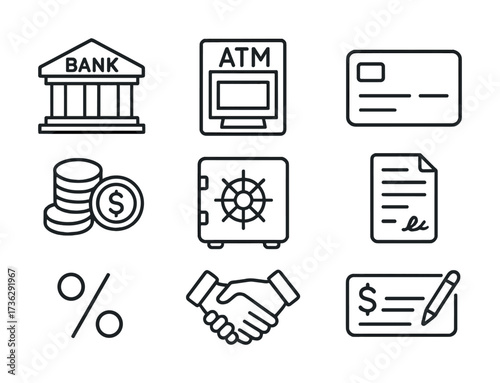Financial icons set: bank, atm, card, coins, safe, document, interest, handshake, check