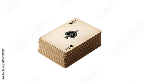 Stack of Vintage Playing Cards on Black Background, Ace of Spades Deck Isometric View