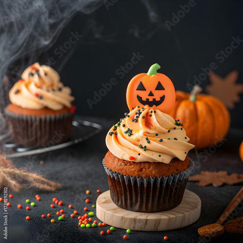 A halloween cupcake with orange frosting and a pumpkin decoration on a wooden serving board