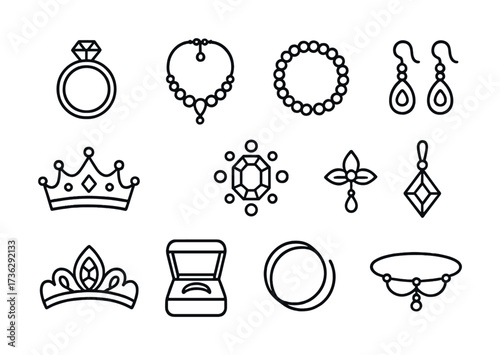 Elegant jewelry line art collection: rings, necklaces, earrings, crowns, and pendants