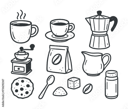 Hand-drawn coffee elements set with cups grinder and cookies in black and white