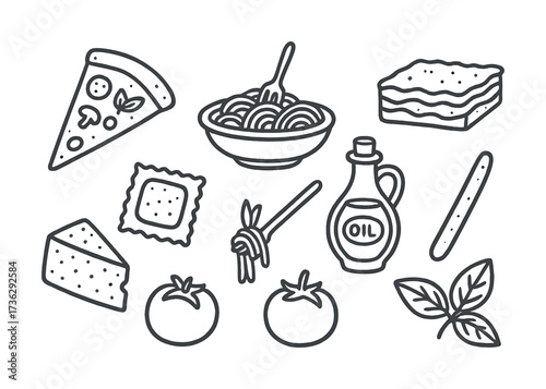 Italian cuisine icons: pizza, pasta, lasagna, tomatoes, cheese, olive oil and basil
