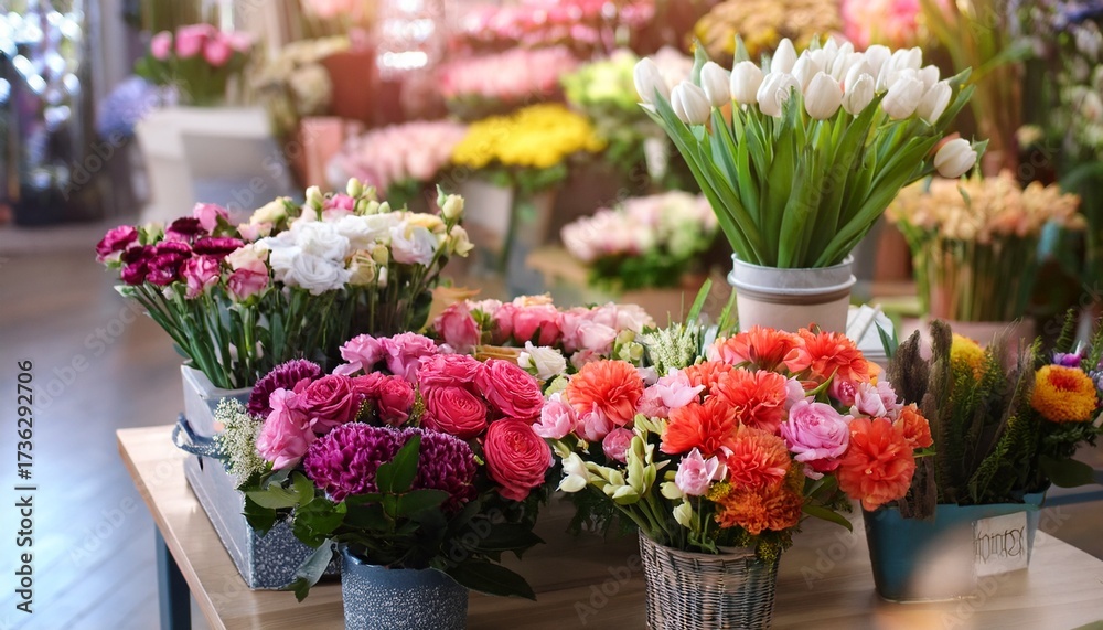 Fototapeta premium colorful flowers on the table in a flowers shop