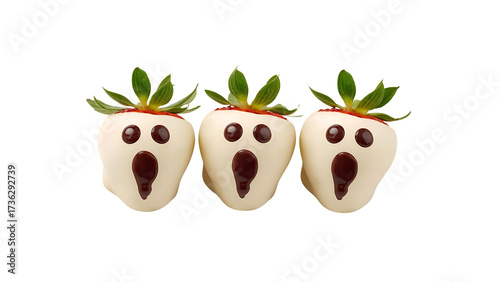 Three strawberry ghosts dipped in white chocolate with chocolate eyes and mouths, a spooky Halloween treat, Three chocolate dipped Halloween ghost strawberries