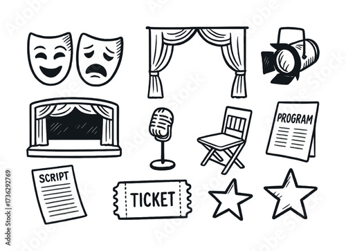 Black and white theater icons set with masks, microphone, and stage elements