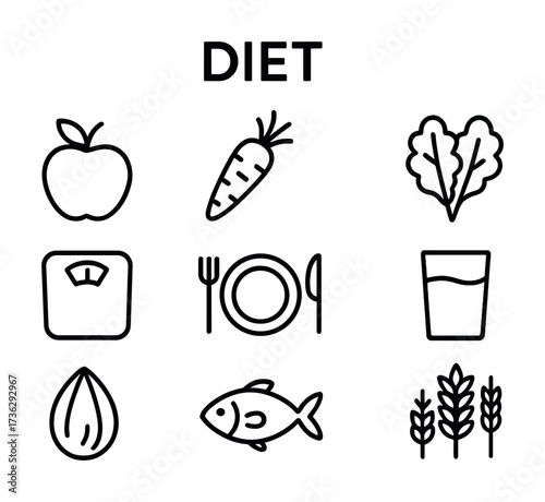 Healthy diet icons: apple, carrot, lettuce, scale, plate, water, almond, fish, wheat