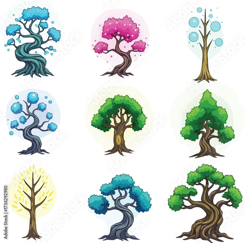 A vibrant collection of nine unique, stylized cartoon trees, showcasing a variety of fantasy and natural designs with colorful foliage and twisted trunks.