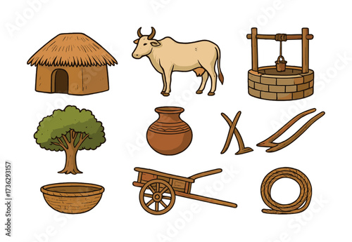 Traditional farming symbols featuring tools, cow, hut, tree, and well