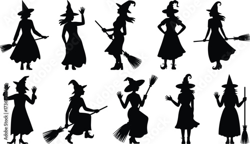 Halloween witch silhouette collection, flying broomstick, magical costume, spooky character, fantasy illustration, black shadow design, mystery, sorcery, gothic, enchanted, festival