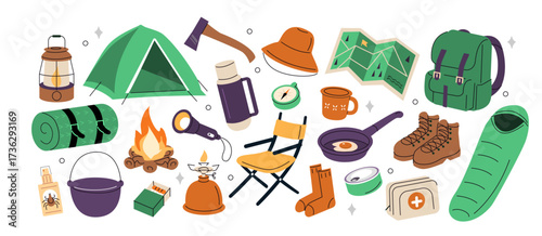Camping adventure set. Hiking and outdoor recreation collection. Tent, gas stove, sleeping bag, picnic blanket, backpack, canned food, campfire and other travel elements. Vector illustration.