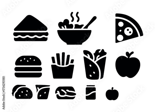 Icon set of fast food items and snacks: burger, pizza, salad, taco, sandwich, apple