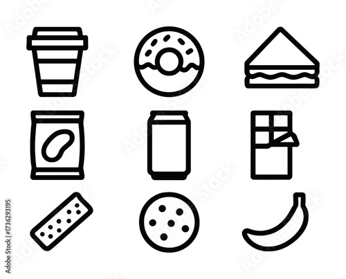 Assorted snack icons: coffee, donut, cake, chips, soda, chocolate, cracker, cookie, banana