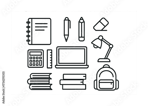 Computer and stationery icons with notebook, lamp, calculator, backpack, and books