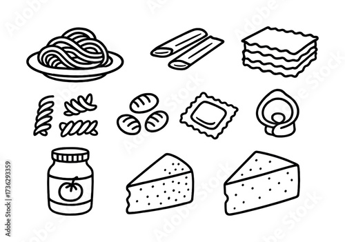 Variety of italian pasta types and cheese icons in black and white