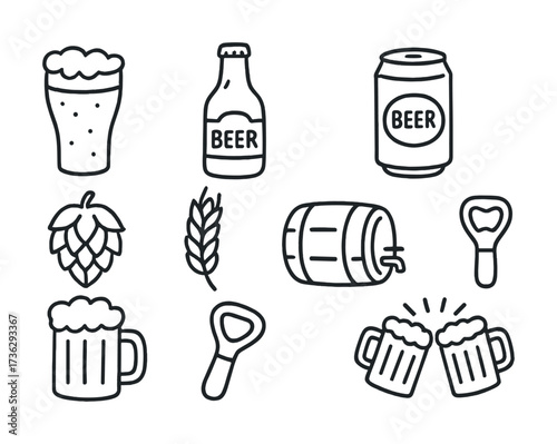 Beer icons set: glass, bottle, can, hops, wheat, barrel, opener, toasting mugs