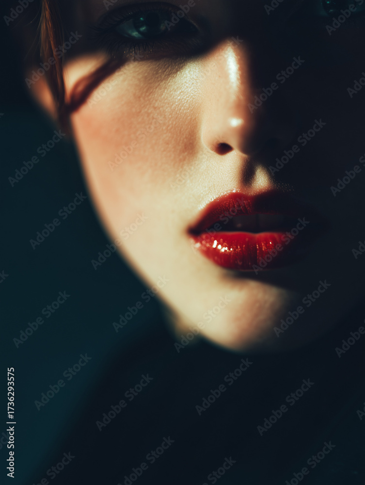 Obraz premium Woman with Red Lipstick: Close-up Beauty and Cosmetics Shot