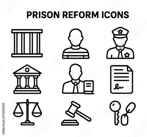 Prison reform icons: jail, inmate, officer, court, document, scales, gavel, keys