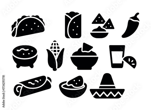 Mexican cuisine icons: tacos, guacamole, tortilla chips, corn, sombrero, margarita