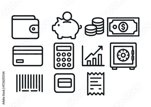 Financial icons set: wallet, piggy bank, currency, credit card, safe, calculator, chart, receipt