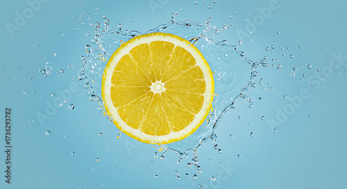 lemon slice floating with splashes of water