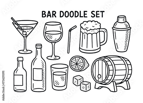 Bar doodle set: cocktails, glasses, bottle, barrel, lime, ice, shaker
