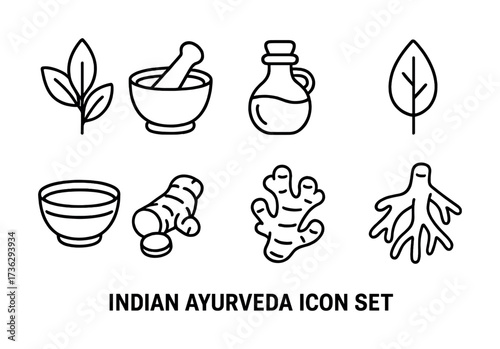 Indian ayurveda icon set: healing herbs, mortar, ginger, natural remedies