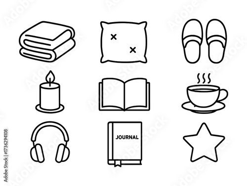 Cozy living essentials: blanket, pillow, slippers, candle, book, teacup, headphones, journal, star icon set