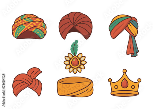 Colorful traditional turbans and crown with gem ornament on white background