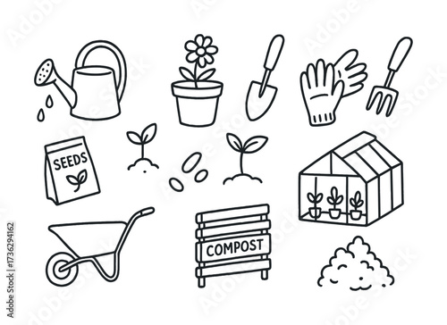 Gardening tools and plants outline illustration with compost and greenhouse