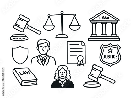 Legal symbols and justice icons featuring male judges and courthouse