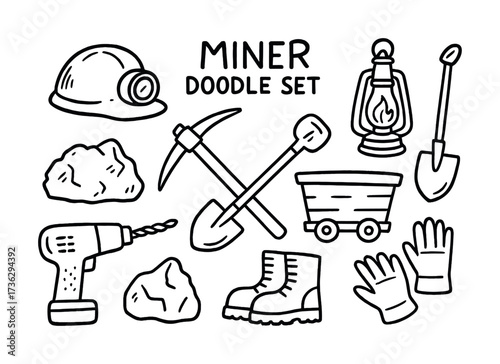 Miner doodle set: tools, boots, rocks, helmet, shovel, gloves, drill, lantern