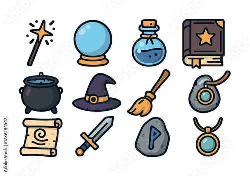 Magical objects: wand, crystal ball, magic potion, spellbook, and witch's hat collection